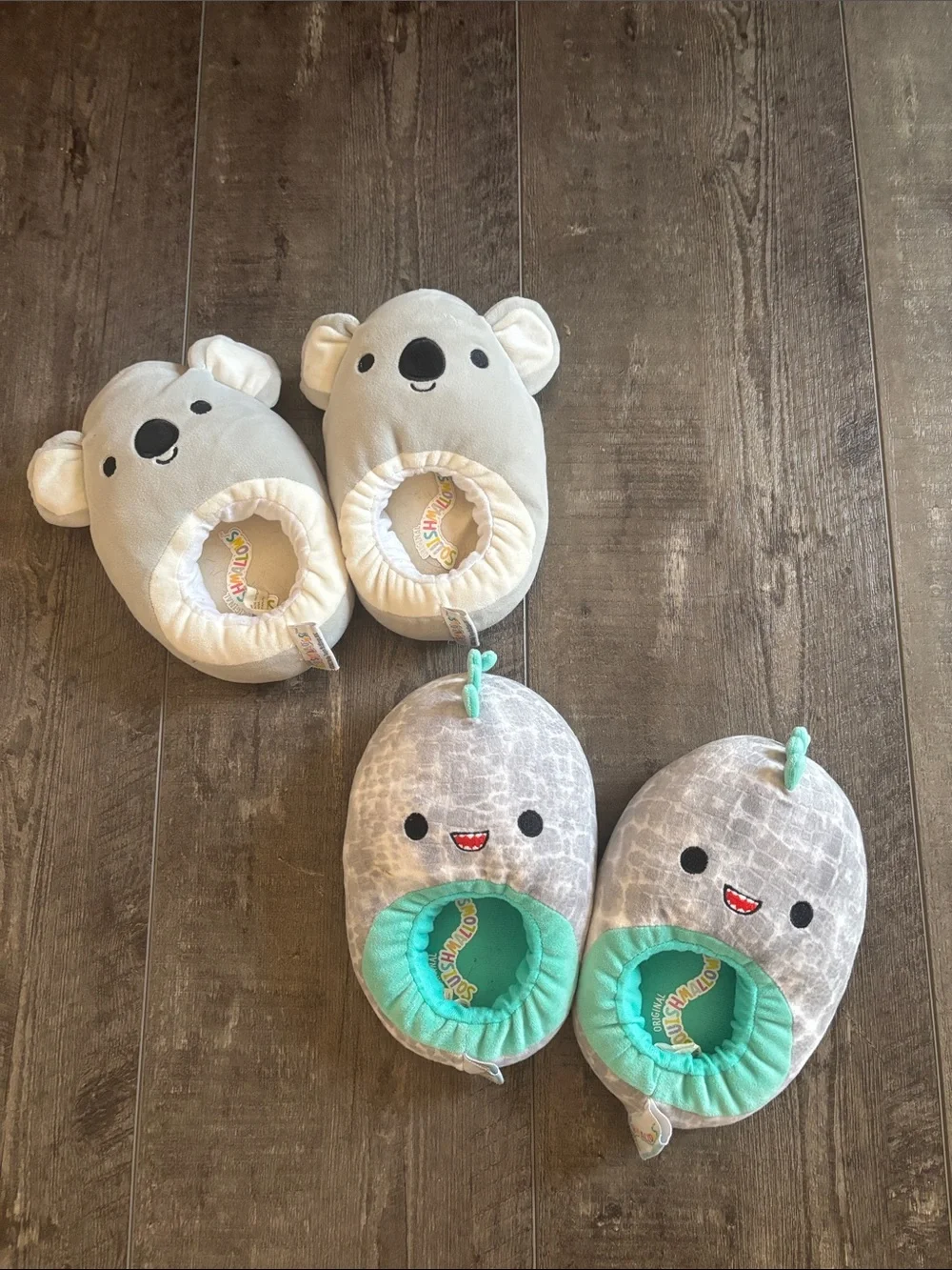 2 pairs Squishmallows Gray Koala and Gray Teal Narwhal Plush Slippers size 13-1